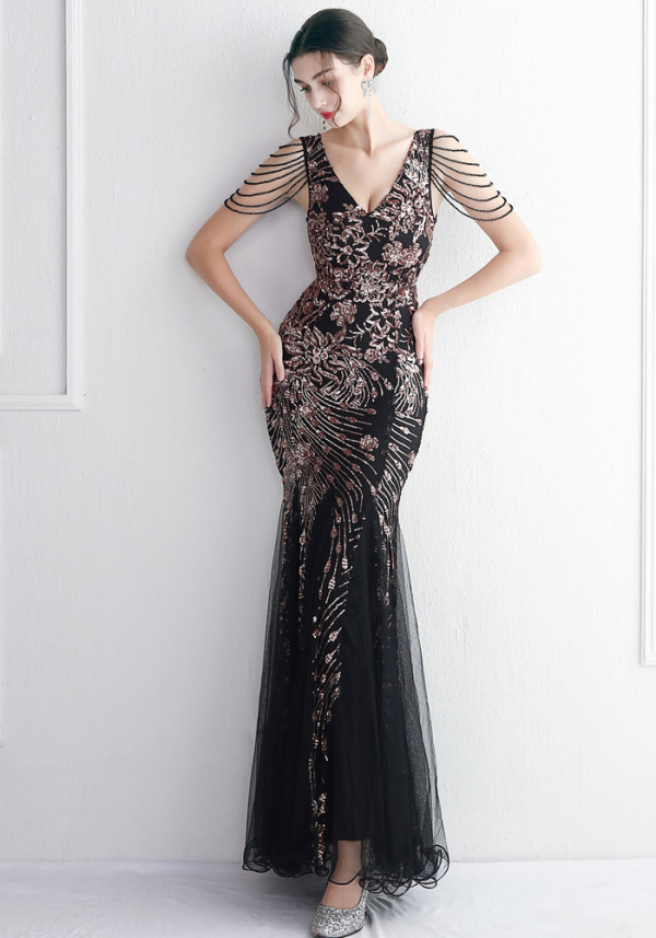 Sequin Mesh Beaded Chic Elegant Annual Meeting Long Fishtail Sequin Sexy Dress