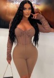 Women Solid Color Long Sleeve mesh See-Through Romper