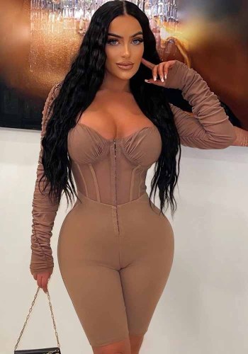 Women Solid Color Long Sleeve mesh See-Through Romper
