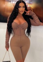 Women Solid Color Long Sleeve mesh See-Through Romper Women Solid Color Long Sleeve mesh See-Through Romper