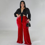 Plus Size Women Winter High Waist Velvet Bootcut Pants