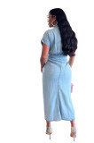 Women Stretch Pleated Lace-Up Denim Dress