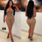 Women Solid Color Long Sleeve mesh See-Through Romper