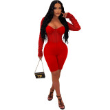Women Solid Color Long Sleeve mesh See-Through Romper