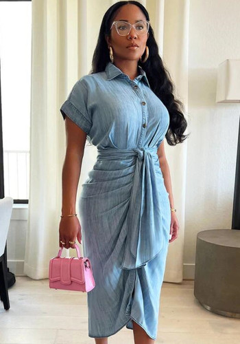 Women Stretch Pleated Lace-Up Denim Dress