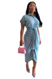 Women Stretch Pleated Lace-Up Denim Dress