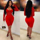 Women Solid Color Long Sleeve mesh See-Through Romper