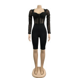 Women Solid Color Long Sleeve mesh See-Through Romper