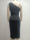 Women'S Solid Color Sexy Sequin Patchwork Slit Belt One Shoulder Evening Dress Nightclub Dress