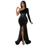 Women'S Fall/Winter Slash Shoulder Ruched Slit Solid Color Mermaid Dress
