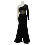 Women'S Fall/Winter Slash Shoulder Ruched Slit Solid Color Mermaid Dress