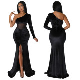 Women'S Fall/Winter Slash Shoulder Ruched Slit Solid Color Mermaid Dress