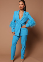 Fall Women Feather Blazer and Pant Two Piece Fall Women Feather Blazer and Pant Two Piece