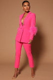 Fall Women Feather Blazer and Pant Two Piece