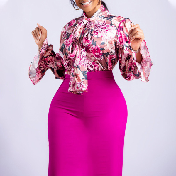 Women Printed Lace-Up Long Sleeve Shirt and Skirt Two-Piece Set
