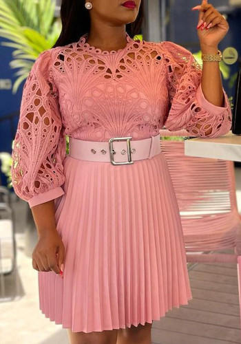 Women'S Chic Solid Color Lace Crochet Cutout Pleated Dress