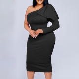 Plus Size Women'S Slash Shoulder Solid Fashion Sexy African Bodycon Dress