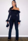 Women'S Winter Solid Color Sexy Fur Patchwork Off Shoulder Slim Jumpsuit