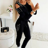 Autumn Casual Suit Sexy Beaded Solid Color Round Neck Long Sleeve Suit For Women