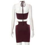 Spring Women'S Metal Ring Halter Neck Sexy Two Piece Skirt Set