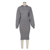 Women Slit Balloon Sleeve Hooded Midi Dress