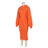 Women Slit Balloon Sleeve Hooded Midi Dress