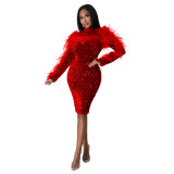 Women Cutout Long Sleeve Feather Sequin Bodycon Dress