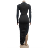 Women Solid Color Pleated Round Neck Cut Out Long Sleeve Maxi Dress