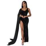 Women Sexy Sequin Tassel Long Dress Evening Dress