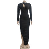 Women Solid Color Pleated Round Neck Cut Out Long Sleeve Maxi Dress