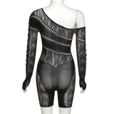 Women Sexy Mesh See-Through Cutout High Waist Long Sleeve Romper