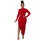 Women Solid Color Pleated Round Neck Cut Out Long Sleeve Maxi Dress