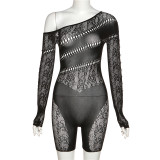 Women Sexy Mesh See-Through Cutout High Waist Long Sleeve Romper