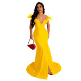 Women solid color v-neck sleeveless slit mermaid dress evening dress