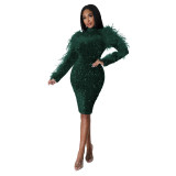 Women Cutout Long Sleeve Feather Sequin Bodycon Dress