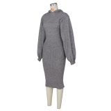 Women Slit Balloon Sleeve Hooded Midi Dress