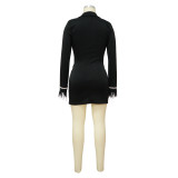 Women V Neck Button Cuff Beaded Blazer Dress