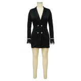 Women V Neck Button Cuff Beaded Blazer Dress
