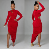 Women Solid Color Pleated Round Neck Cut Out Long Sleeve Maxi Dress