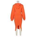 Women Slit Balloon Sleeve Hooded Midi Dress