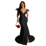 Women solid color v-neck sleeveless slit mermaid dress evening dress