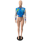 Women Ribbed Print Baseball Jacket