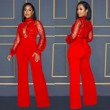 Women Cutout See-Through Long Sleeve Tie Jumpsuit（customized,MOQ 6pcs/size/color,process time 7-10 days）