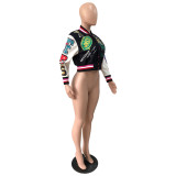 Women Ribbed Print Baseball Jacket