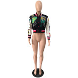 Women Ribbed Print Baseball Jacket