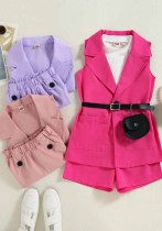 Children'S Clothing Spring Summer Girls Turndown Collar Sleeveless Jacket Shorts With Waist Bag Three-Piece Candy Color Suit