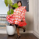 Plus Size Women's Fashion Print Ruffle Button Shirt Dress