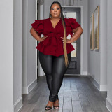 Plus Size Women's Casual Versatile V-Neck Ruffle Sleeve Pleated Shirt