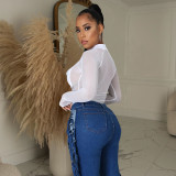 Women's sexy autumn Round Neck pocket mesh See Through jumpsuit