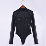 Women's sexy autumn Round Neck pocket mesh See Through jumpsuit